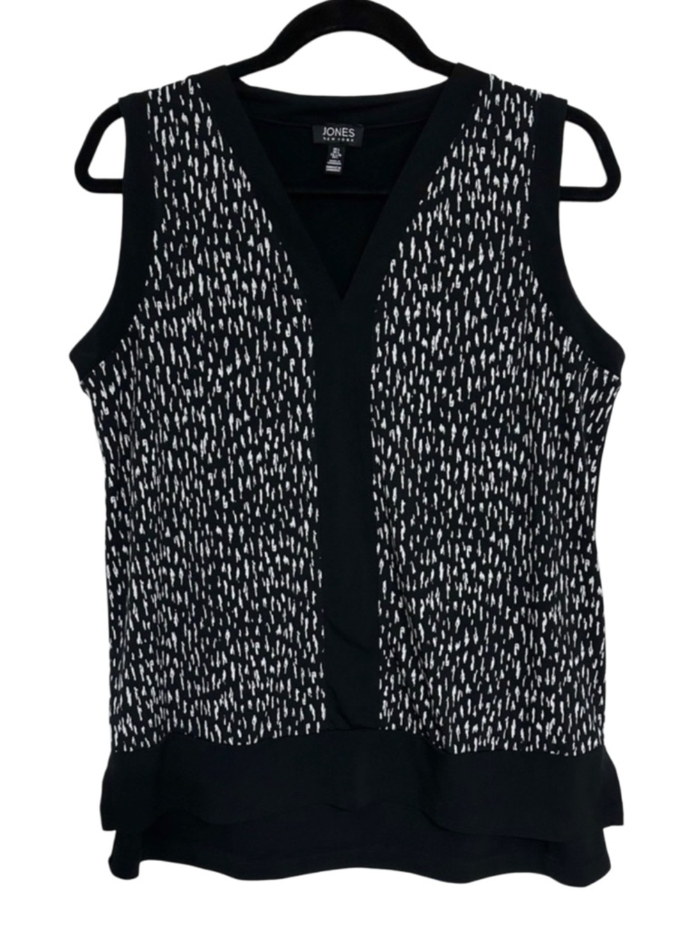 Jones New York Career Sleeveless Blouse V-Neck Black/White Print Flowy Size L